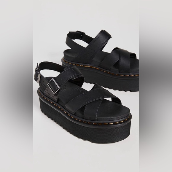 Dr. Martens Shoes - Dr. Martens Black Platform Sandals with Yellow Stitching